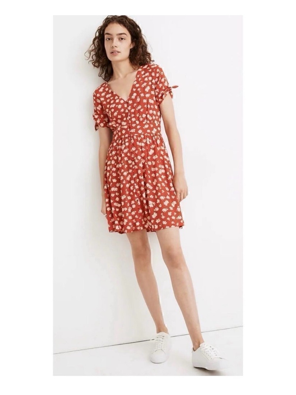 Rust Floral V-Neck Tie-Sleeve Day Dress